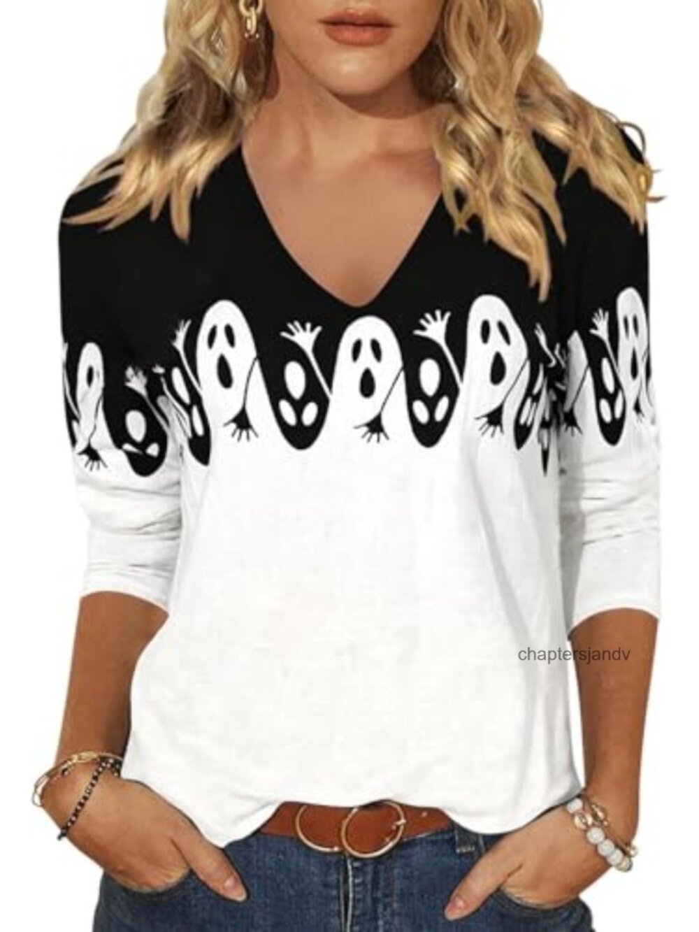 Women's Halloween 3/4 Sleeve V Neck Funny Graphic Cotton Blend Tee